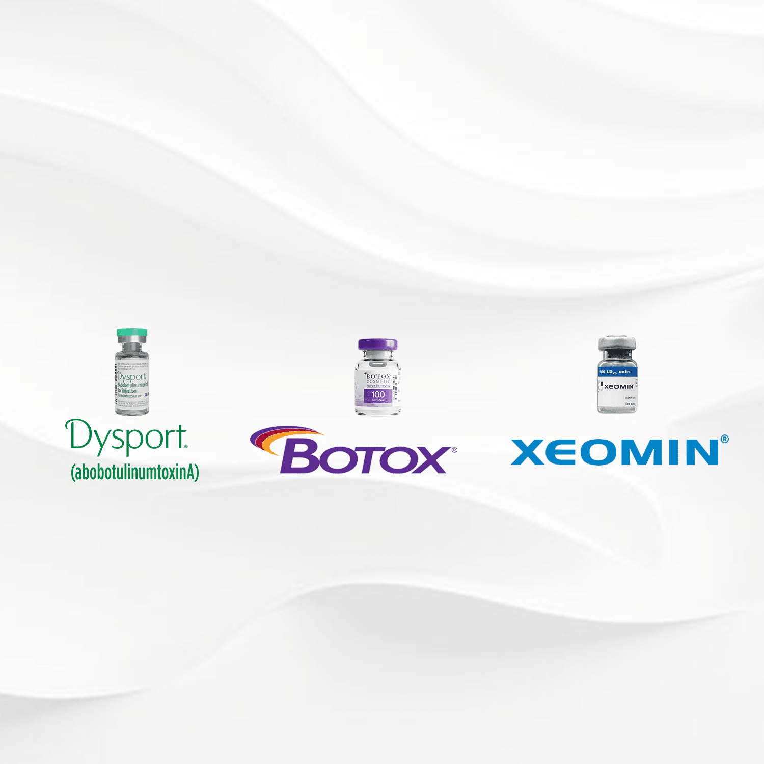 展示三種肉毒桿菌產品的瓶子，包括「Dysport」（abobotulinumtoxinA）、標有「Botox」的瓶子和「XEOMIN」的瓶子，背景為柔和的白色，突顯這些產品的名稱和品牌。