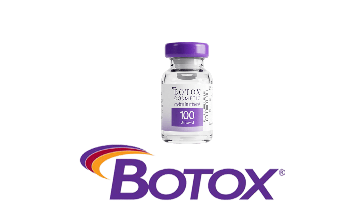 展示「Botox」的瓶子，標籤顯示「Botox Cosmetic」及其劑量「100 Units」，背景為黑色，強調產品的品牌識別。