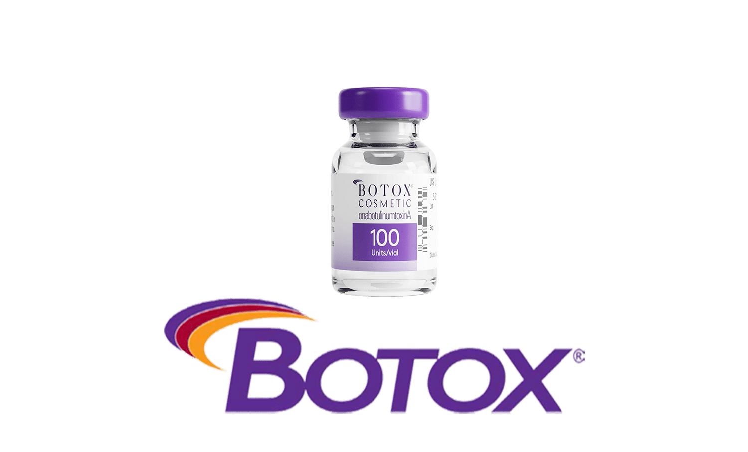 顯示Botox Cosmetic藥瓶，標示100單位的肉毒桿菌毒素，強調其在美容療程中的應用與效果，配有顯眼的Botox標誌。