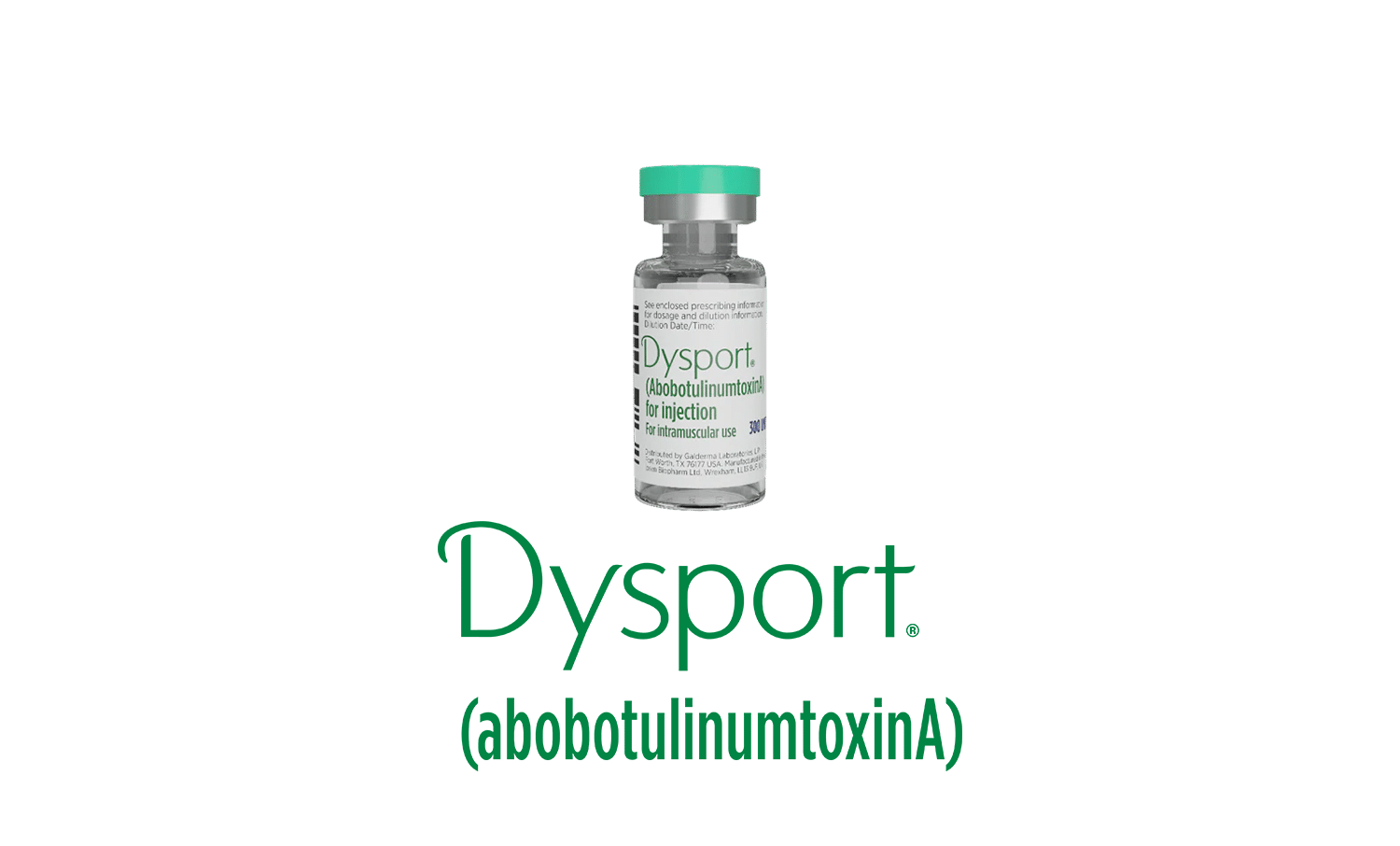 展示「Dysport」的瓶子，標籤顯示「Dysport」（abobotulinumtoxinA），背景為黑色，強調其品牌名稱和用途。