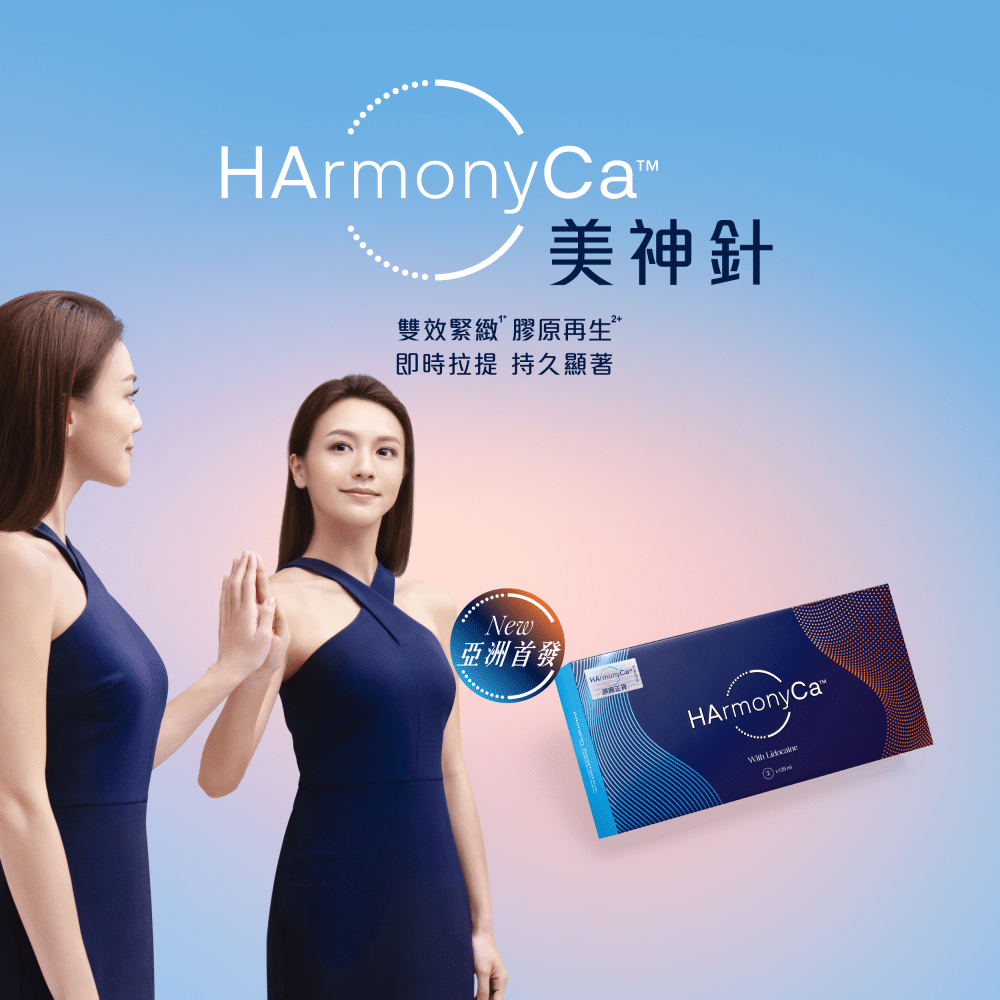 HArmonyCa美容針的宣傳圖，展示使用前後的對比，強調其在皮膚再生和提升效果上的創新技術。