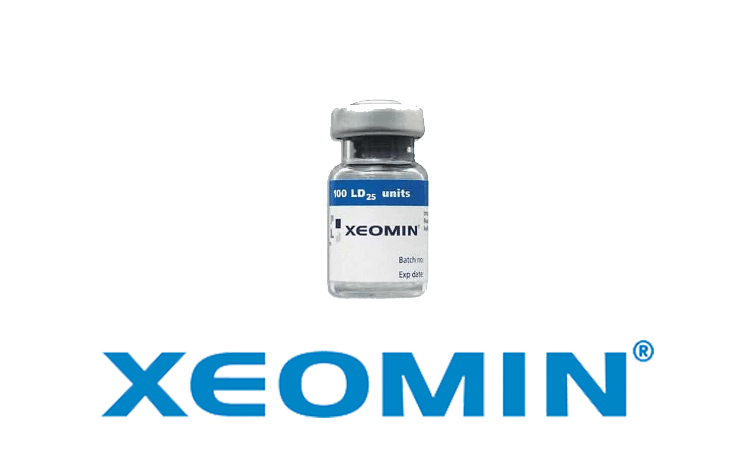 展示「XEOMIN」的瓶子，標籤顯示「XEOMIN」及其劑量「100 LD 25 units」，背景為黑色，突顯產品的品牌形象。