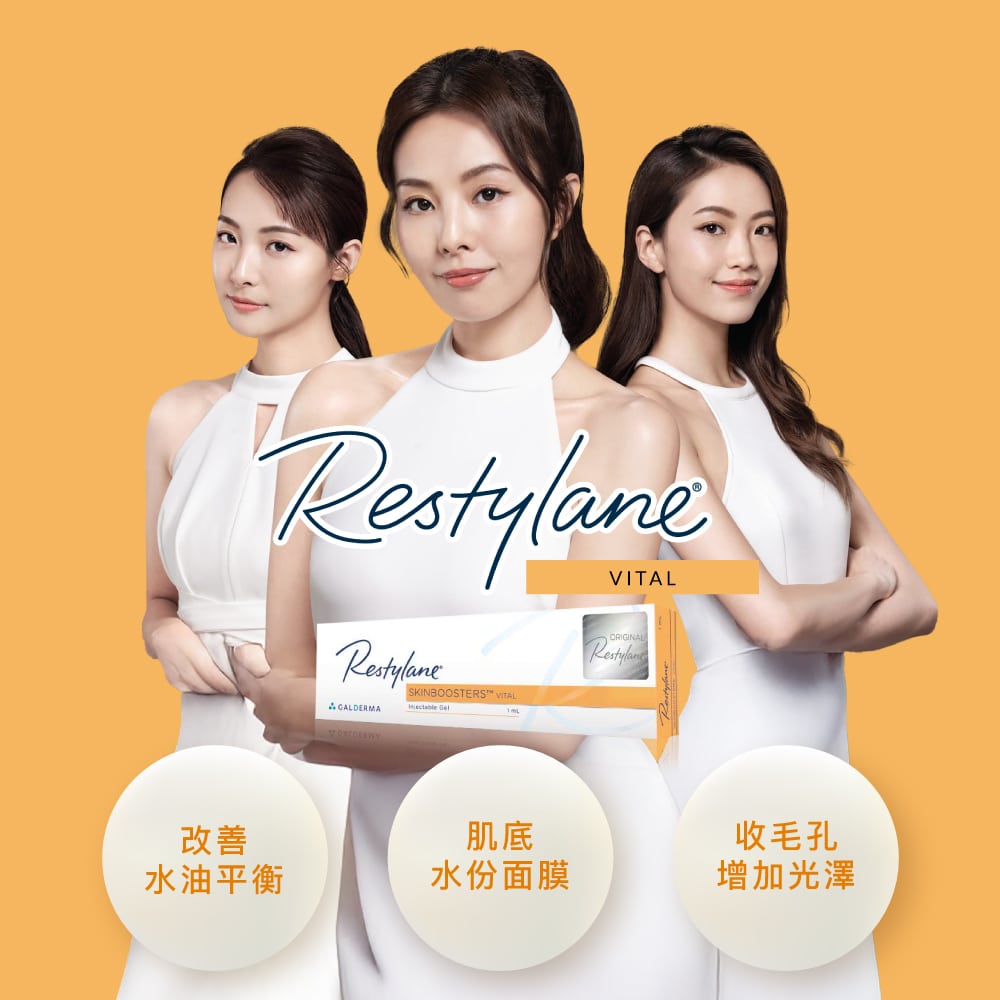 Restylane Vital 產品宣傳圖,展現三位亞洲女性的半身照。產品提供水油平衡、深層補水及改善毛孔等效果,圖中用中文標注三大功效。背景為鮮艷的橙色。